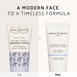 A comparison graphic showing two tubes of Percy & Reed London Define & Hold Finishing Cream, labeled 'Old' and 'New', with the headline 'A MODERN FACE TO A TIMELESS FORMULA' above. The left tube has a black-and-white design with a lavender patterned lower section, and the right tube is white with a subtle lavender stripe near the bottom.