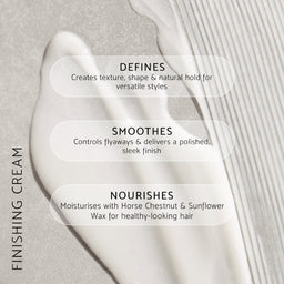 A close-up of a white cream product smear on a light gray textured background with three translucent text boxes describing benefits: Defines, Smoothes, and Nourishes. Vertical text on the left reads FINISHING CREAM.