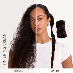 Before-and-after split-screen comparison of a woman's hair treatment. The left side shows frizzy, curly dark brown hair labeled 'BEFORE', and the right side shows smooth, sleek braided hair labeled 'AFTER'.