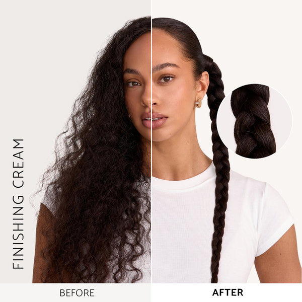 Before-and-after split-screen comparison of a woman's hair treatment. The left side shows frizzy, curly dark brown hair labeled 'BEFORE', and the right side shows smooth, sleek braided hair labeled 'AFTER'.
