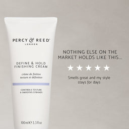 Percy & Reed London Define & Hold Finishing Cream in a white squeeze tube, shown next to promotional text and five-star ratings on a neutral gray background.
