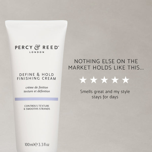 Percy & Reed London Define & Hold Finishing Cream in a white squeeze tube, shown next to promotional text and five-star ratings on a neutral gray background.