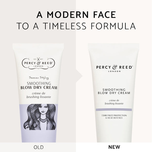 Two tubes of Percy & Reed Smoothing Blow Dry Cream with branding and product details on a white background.