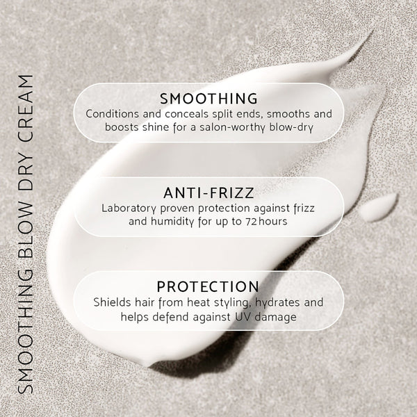 Smoothing blow dry cream with text on a textured background