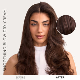Before-and-after split-screen comparison of a woman's long, wavy brown hair, showing frizzy, less defined hair on the left ('Before') and smooth, shiny, styled hair on the right ('After'). A circular inset on the right shows a close-up of the brown hair texture.