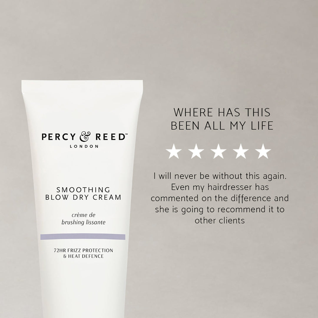 A white tube of Percy & Reed London Smoothing Blow Dry Cream on a light gray background, next to promotional text with five stars and a customer review.