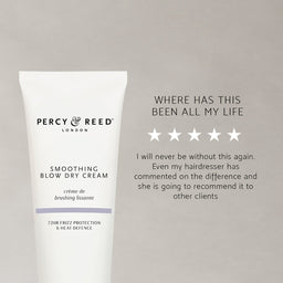 A white tube of Percy & Reed London Smoothing Blow Dry Cream on a light gray background, next to promotional text with five stars and a customer review.