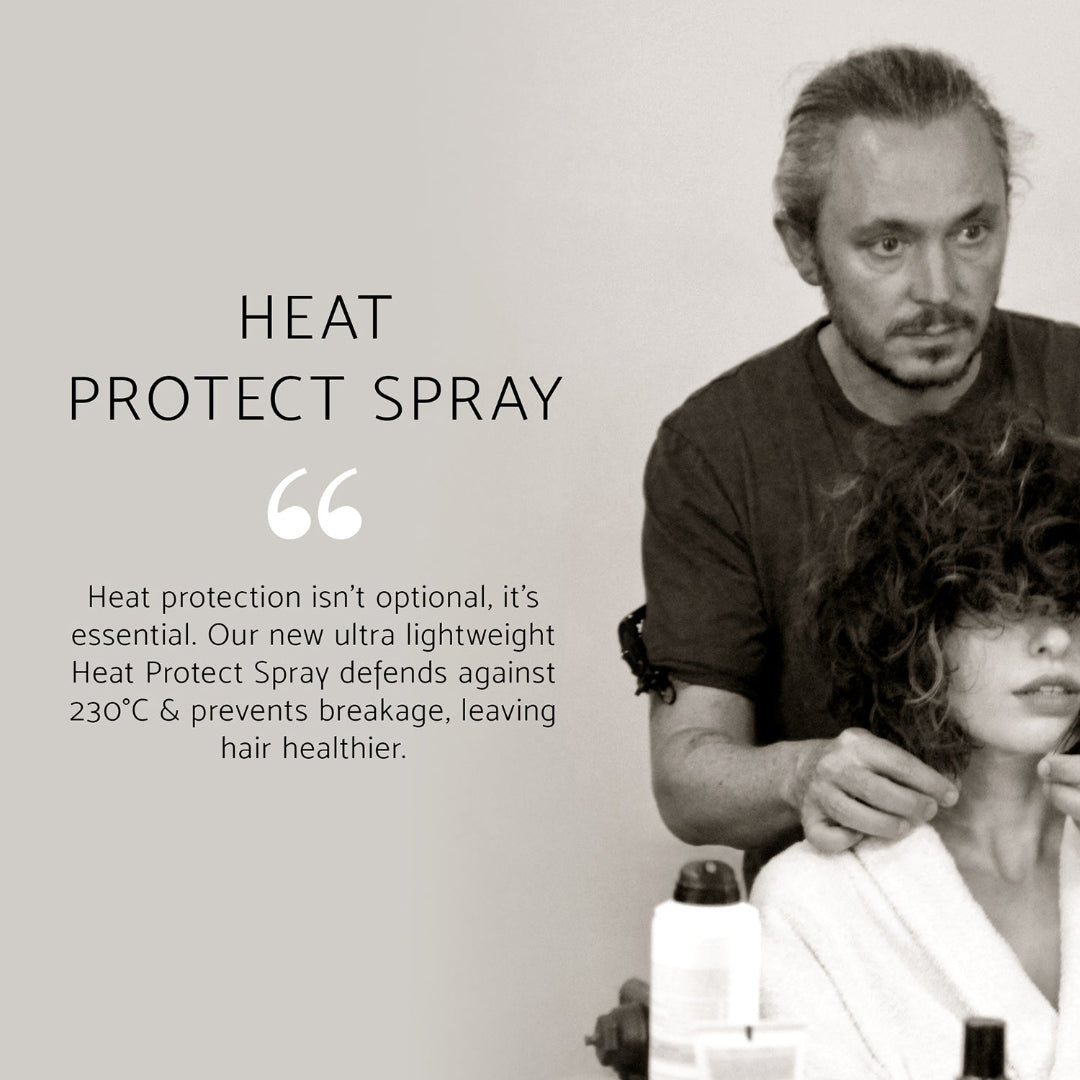 Promotional graphic for Heat Protect Spray featuring a man styling a woman's hair, with text on the left reading 'HEAT PROTECT SPRAY' and a quote about protecting hair against high heat.