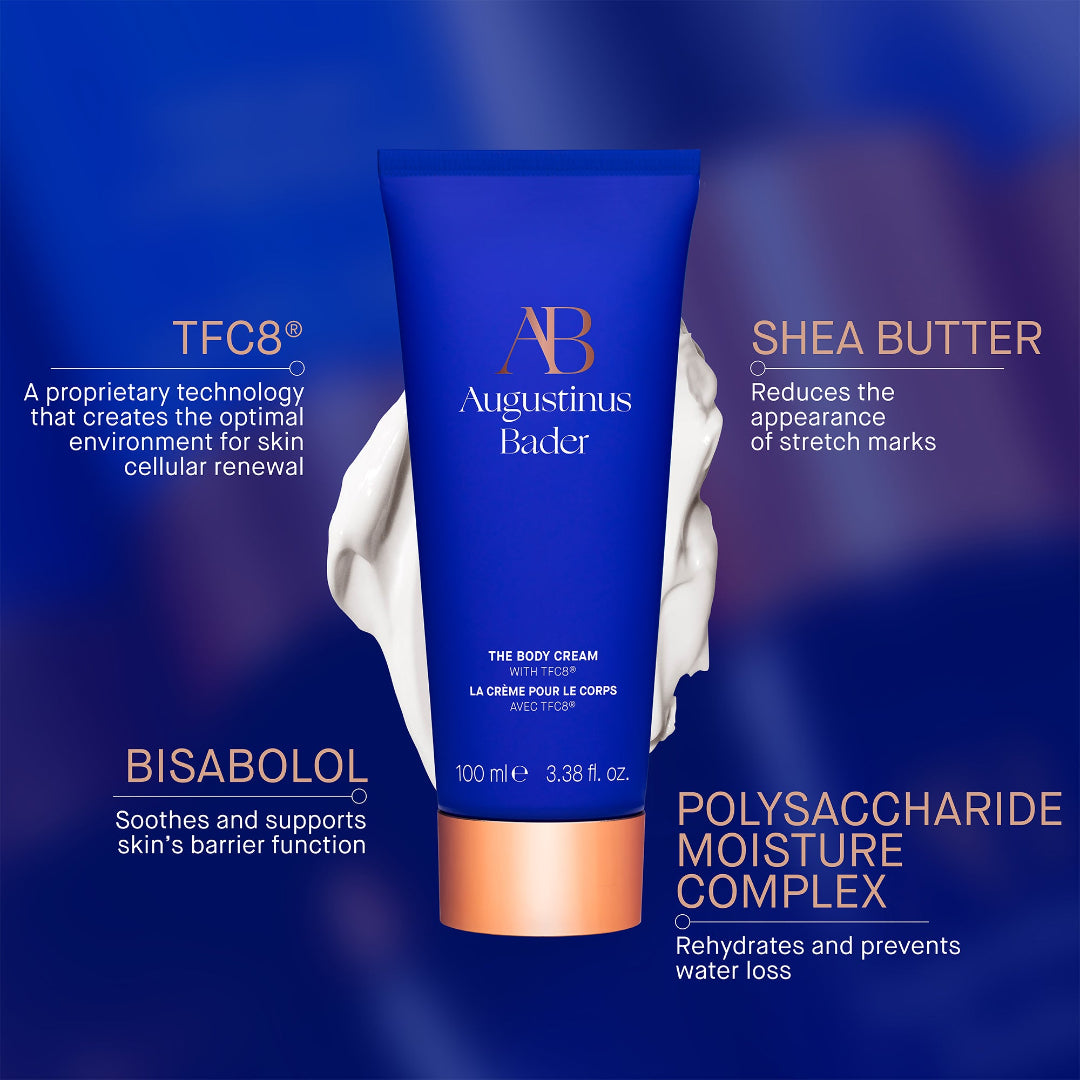 Augustinus Bader body cream with text highlighting ingredients on a blue background