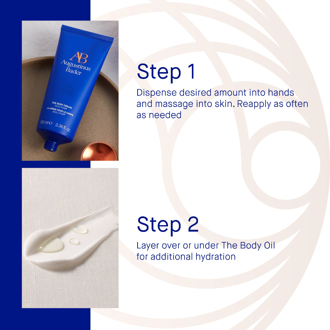 Cosmetic product with application steps on a white background