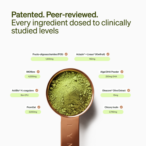Green powder in a measuring spoon with text about ingredient dosages on a white background