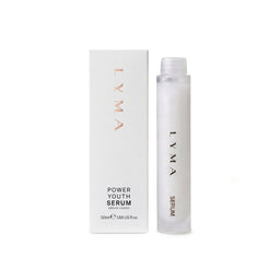 LYMA Power Youth Serum shown with its white packaging box and a frosted glass bottle on a clean white background.