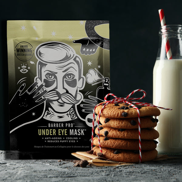 Barber Pro under eye mask packaging with a stack of cookies and a glass of milk.