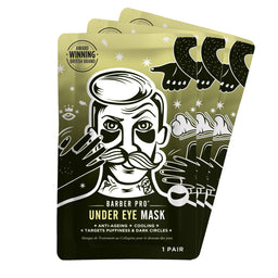 Barber Pro under eye mask packaging with illustration of a man and text on a white background