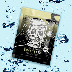 Barber Pro under eye mask packaging with a blue water droplet background