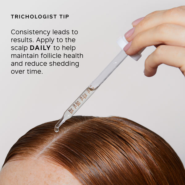 Person applying a liquid to the scalp using a dropper, with text about trichologist tips.