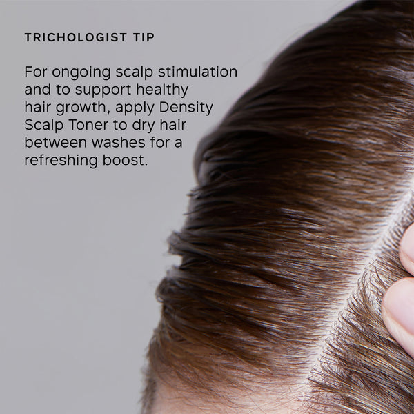 Close-up of scalp with text about Density Scalp Toner for hair health.