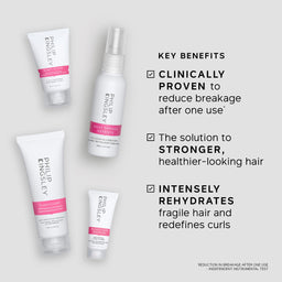 Four Philips Englesey haircare products arranged on a light gray background with black text listing key benefits. The products include a squeeze tube, spray bottle, and two cream tubes in white packaging with bright pink bands.