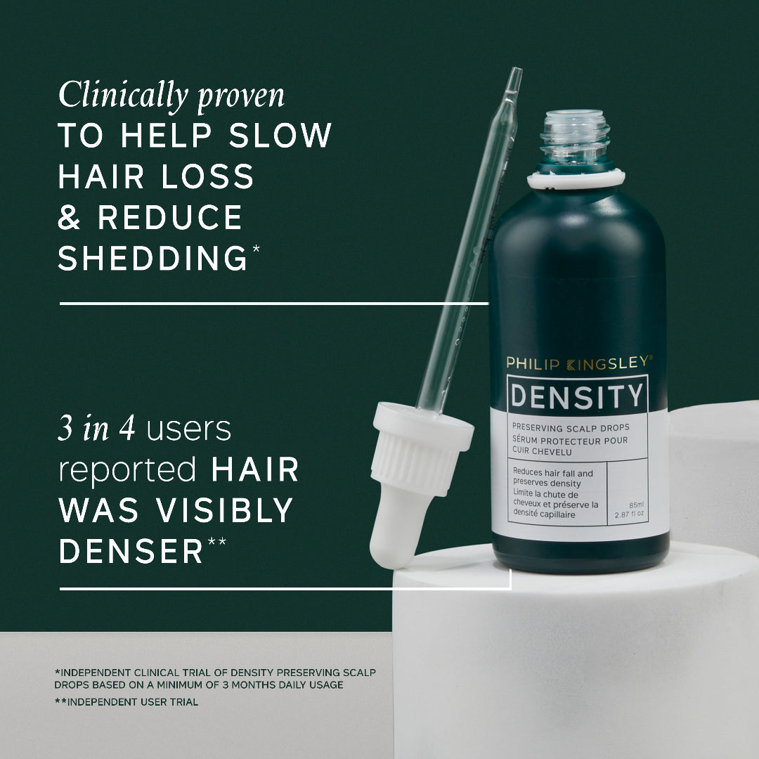 Philip Kingsley Density preserving scalp drops in a dark bottle with a clear dropper, displayed on a white pedestal against a dark green background with promotional text.