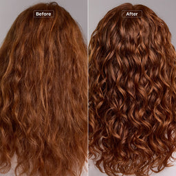 Before and after comparison of a person's long auburn hair, showing frizzy, dry-looking hair on the left labeled 'Before' and smooth, shiny, curled hair on the right labeled 'After'.