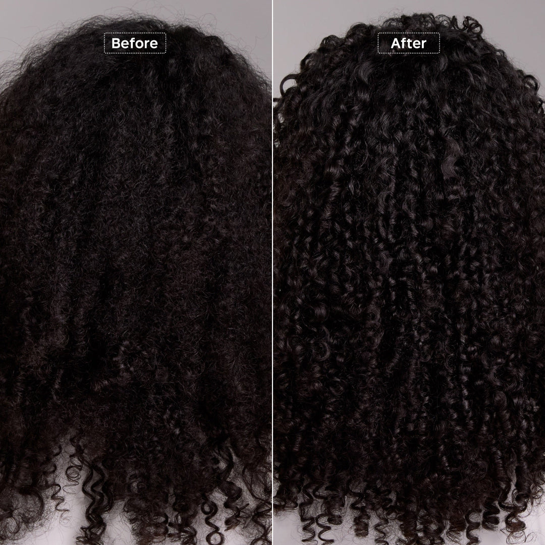 A side-by-side before and after comparison of curly hair, showing a dark black wig or hair extension with tight curls labeled 'Before' on the left and 'After' on the right against a plain light background.