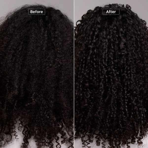 A side-by-side before and after comparison of curly hair, showing a dark black wig or hair extension with tight curls labeled 'Before' on the left and 'After' on the right against a plain light background.
