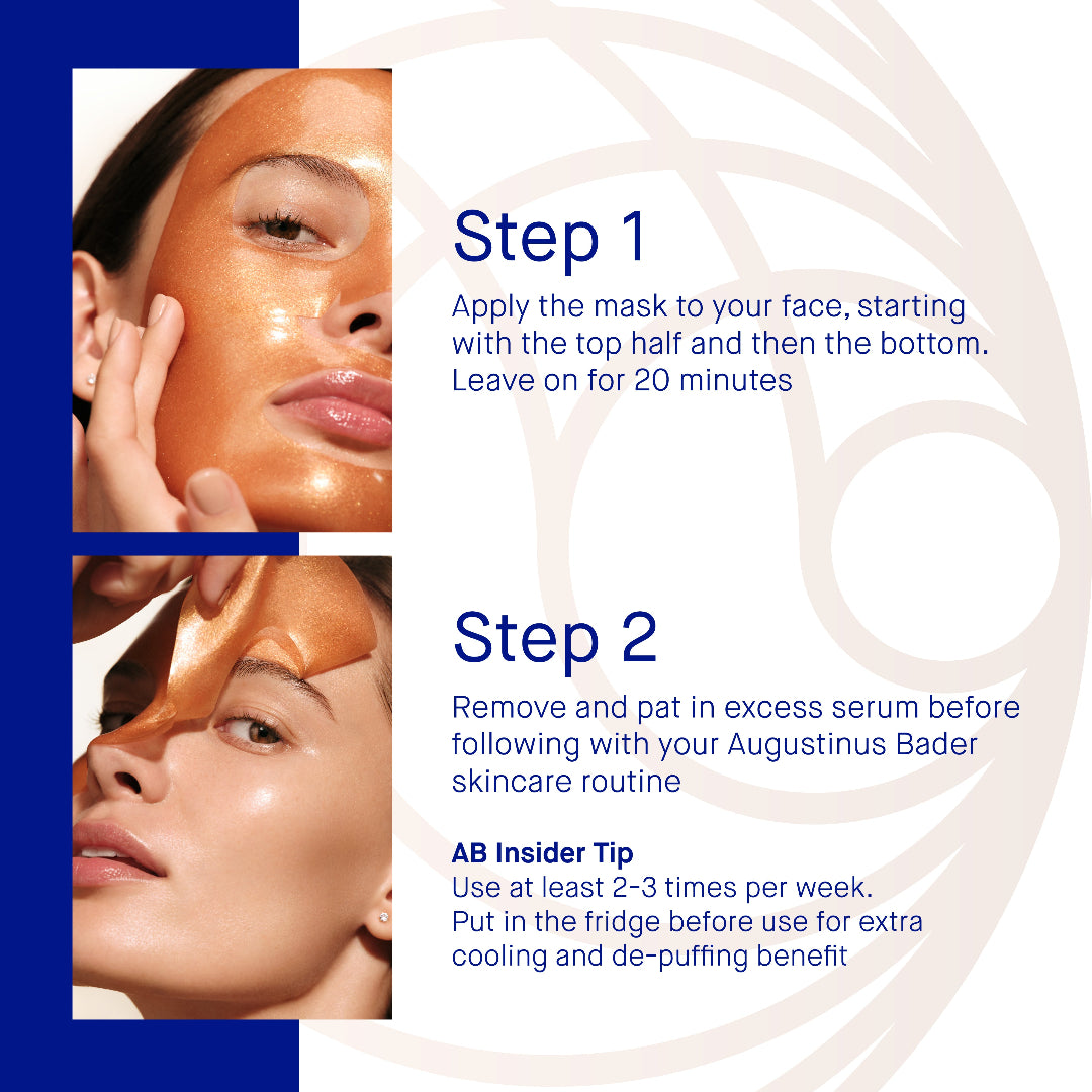 Skincare routine instructions with a woman applying a mask and serum, featuring blue and white color scheme.