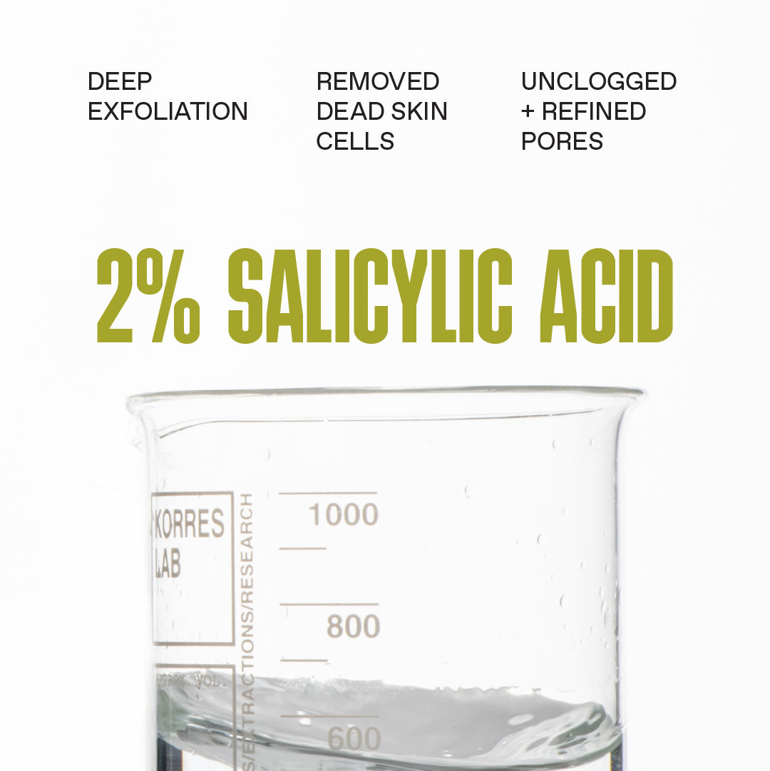 Beaker labeled 'Korres Lab' with text about salicylic acid on a white background