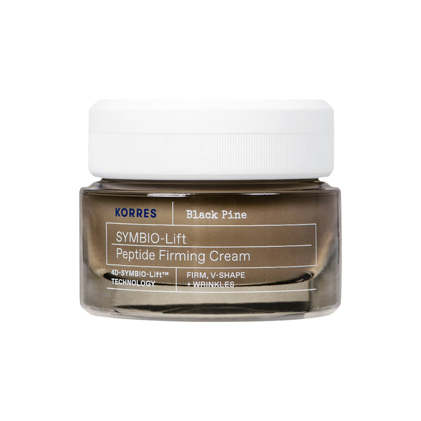 A jar of KORRES SymBio-Lift Peptide Firming Cream, featuring a dark brown translucent glass container and a white screw-on cap, shown against a plain white background.