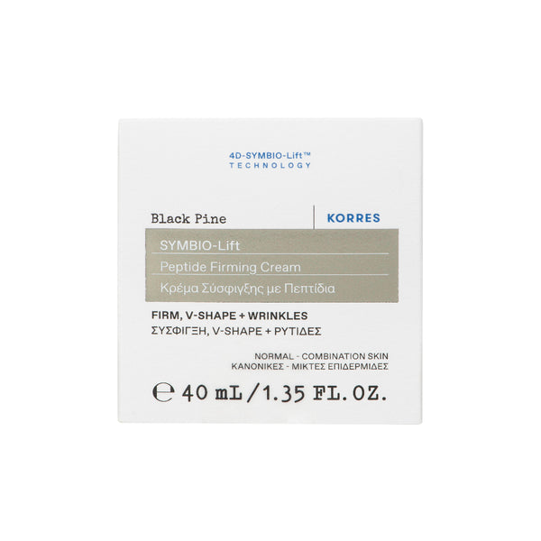 A square white skincare product box for Korres Symbio-Lift Peptide Firming Cream in Black Pine, featuring blue and gray text and a gray-beige product band.