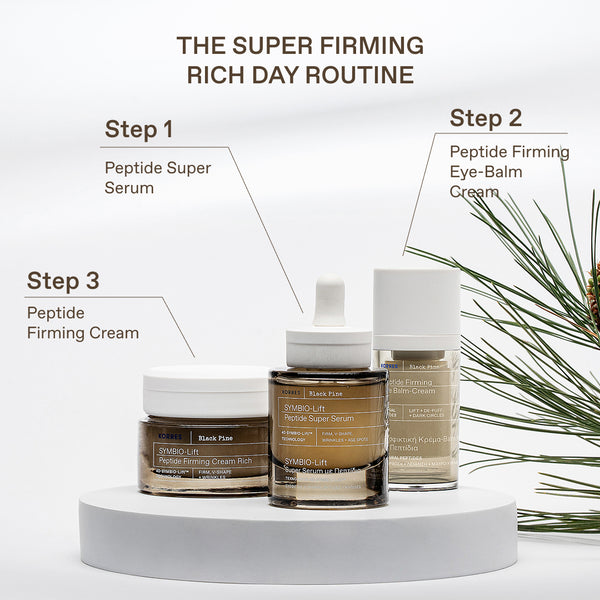 Three skincare products from RIMPOO LIFE are displayed on a white pedestal with text labels describing a three-step routine: Step 1 Peptide Super Serum, Step 2 Peptide Firming Eye-Balm Cream, and Step 3 Peptide Firming Cream. The products include a brown jar, a brown dropper bottle, and a white bottle, styled with pine branches on a clean white background.