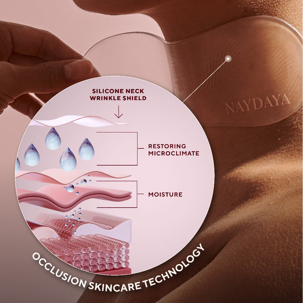 Silicone neck wrinkle shield with diagram and 'NAYDAYA' branding on a pink background