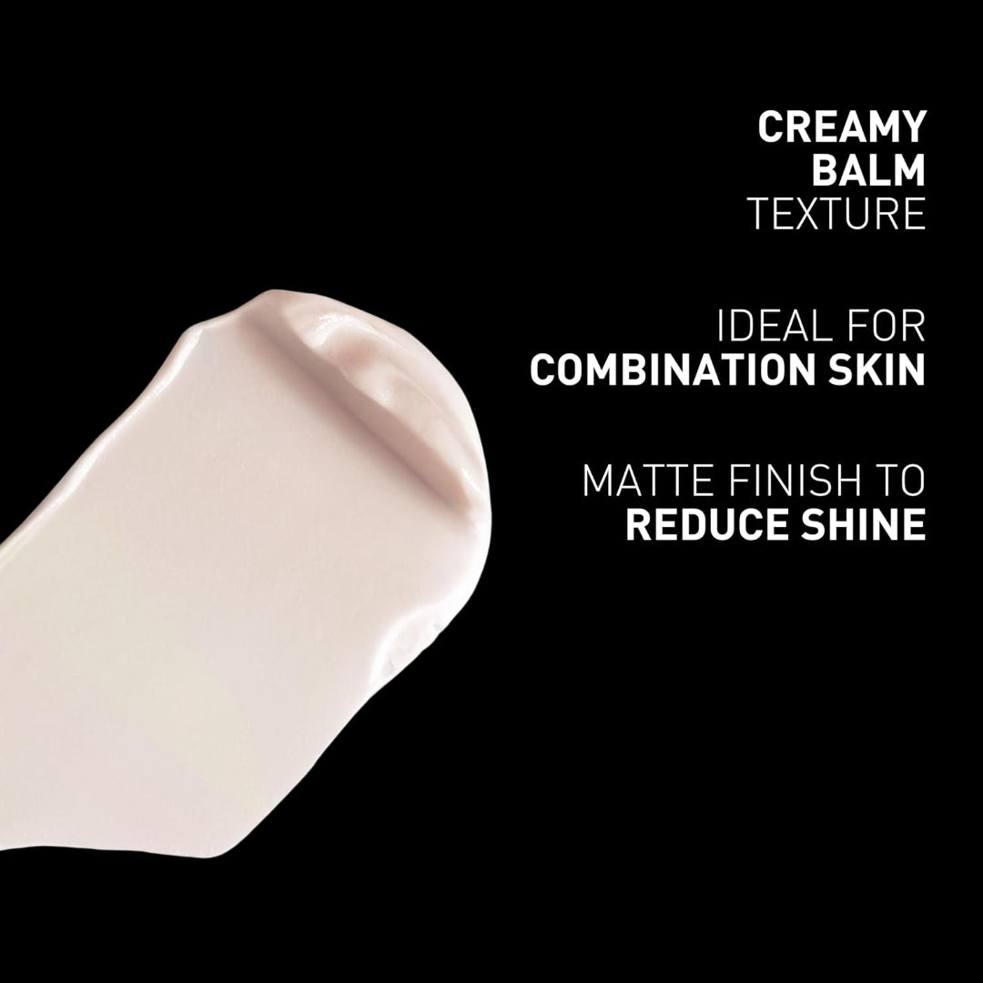 A smear of creamy white balm makeup on a black background with white text reading 'CREAMY BALM TEXTURE', 'IDEAL FOR COMBINATION SKIN', and 'MATTE FINISH TO REDUCE SHINE'.