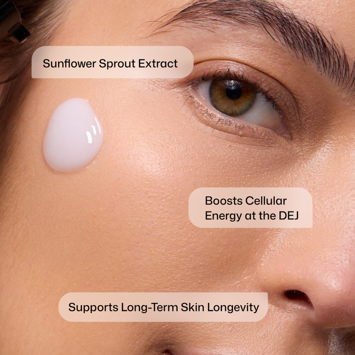 Close-up of a person's face with Sunflower Sprout Extract applied, labeled for its benefits.