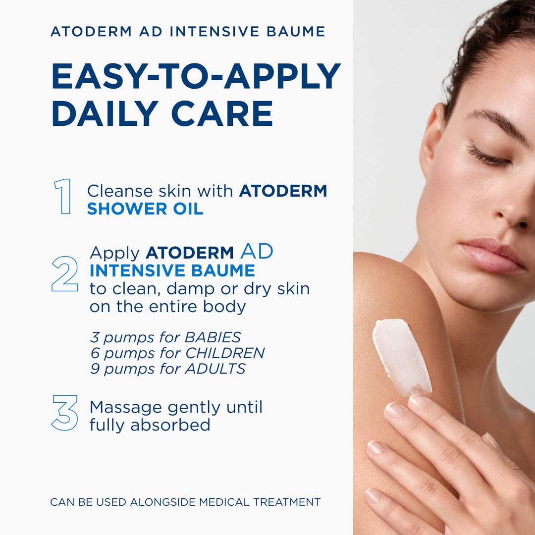 Promotional graphic for Atoderm Ad Intensive Baume daily care, showing a woman applying a white cream patch to her upper chest against a split white and light gray background with blue text instructions.