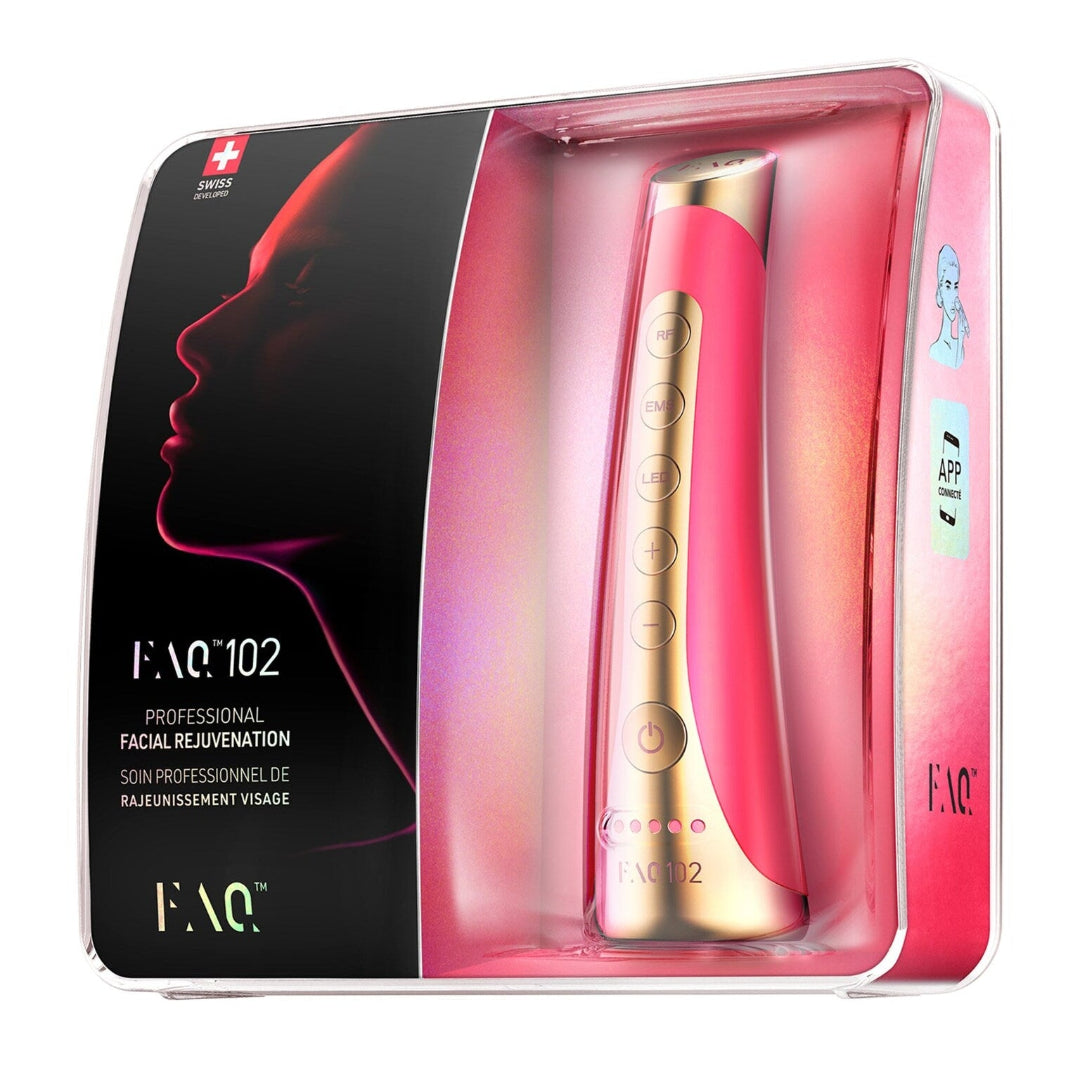 Facial rejuvenation device in pink and gold packaging with visible brand logo.