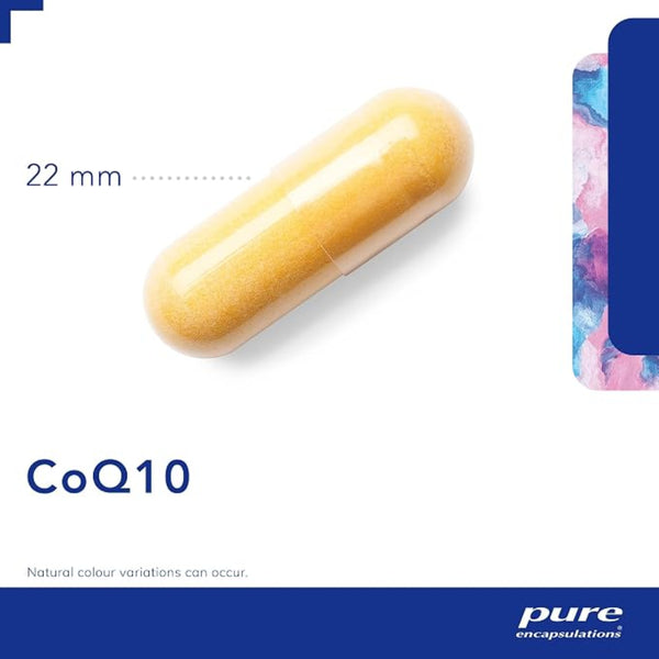 CoQ10 capsule with a 22 mm measurement on a white background, featuring the pure encapsulations brand.