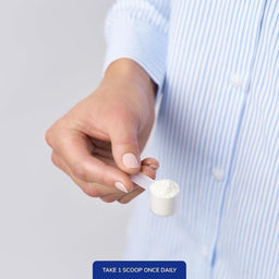 Hand holding a scoop of protein powder with text 'Take 1 scoop once daily' on a gray background