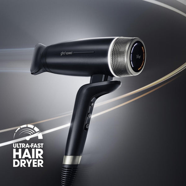 Black hair dryer with metallic accents on a dark background, featuring 'Ultra-Fast Hair Dryer' text.