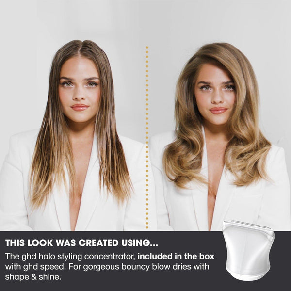 Before and after comparison of a woman's hair styled with a product, on a white background.