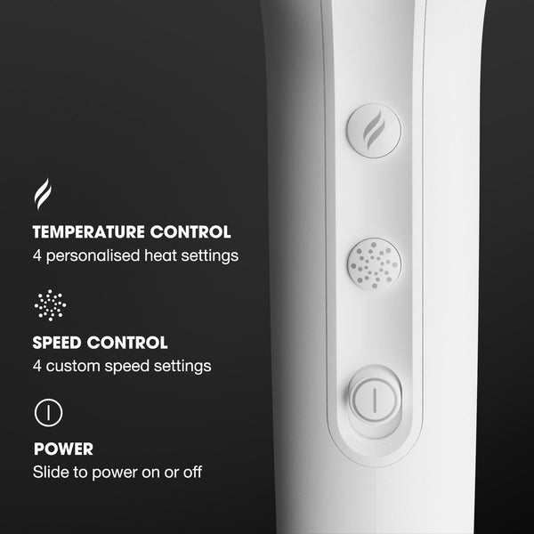 Control panel with temperature, speed, and power controls on a black background