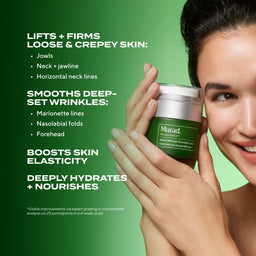 Woman holding a Murad skincare product with text about product benefits on a green background