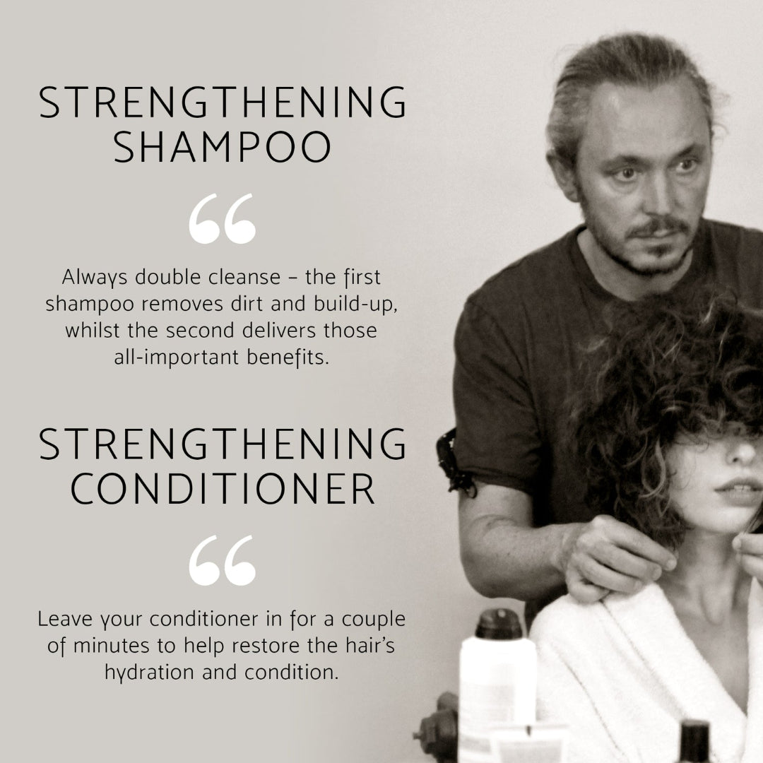 Promotional graphic for hair care products with text reading 'STRENGTHENING SHAMPOO' and 'STRENGTHENING CONDITIONER' alongside a grayscale photo of a man styling a woman's hair. Small shampoo and conditioner bottles are visible at the bottom.
