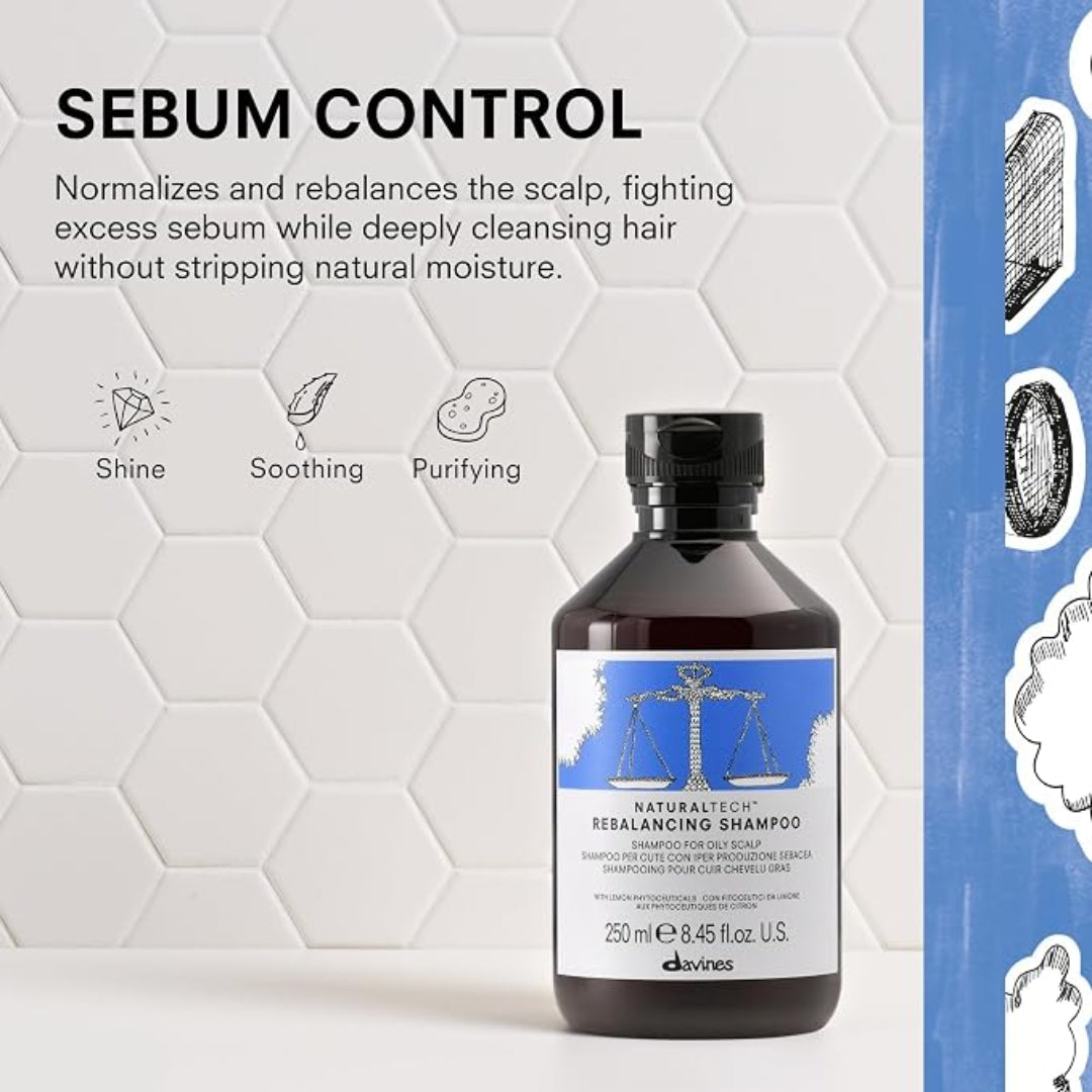 A bottle of Nature's Choice Sebum Control Resbalancing Shampoo centered against a white hexagonal tile background with marketing text on the left and a blue decorative strip on the right.