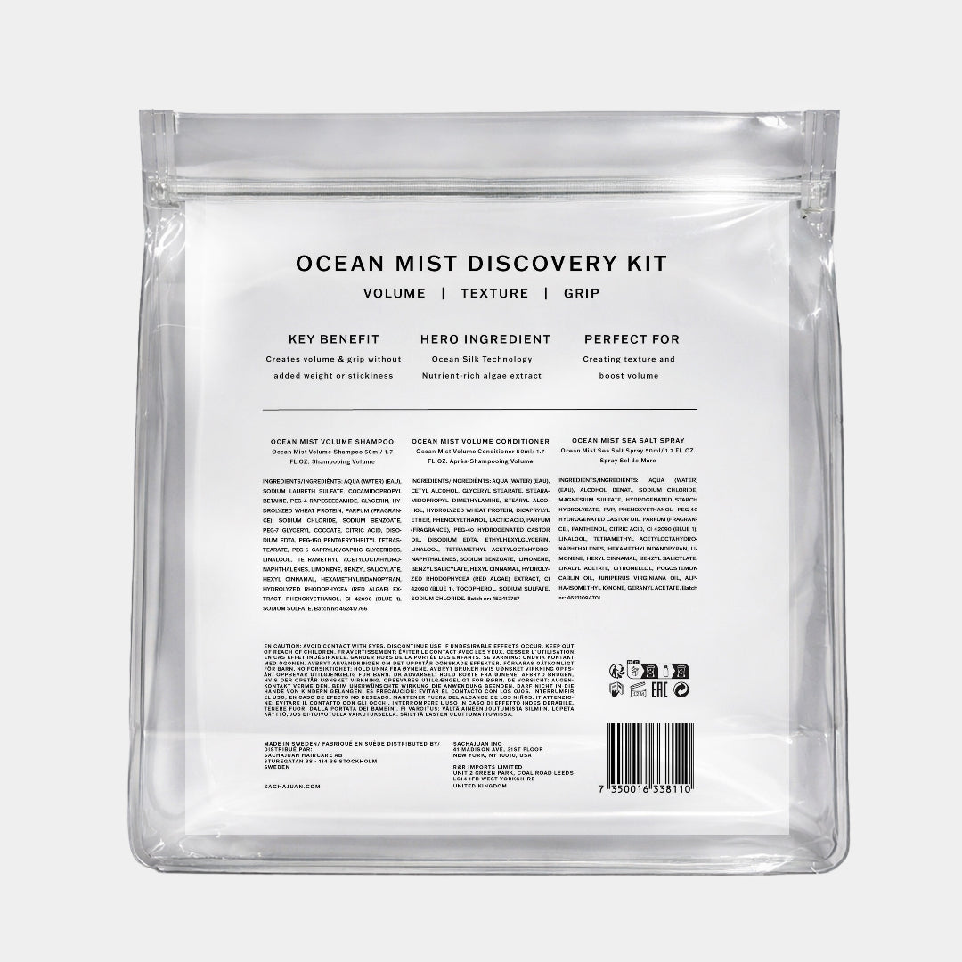 The back of a clear resealable pouch package labeled 'OCEAN MIST DISCOVERY KIT' on a light gray background.