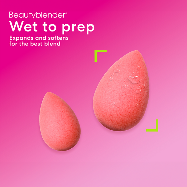 Beautyblender on a pink background with text about its use.