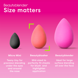 Three Beautyblender sponges of different sizes on a pink background with text describing their uses.