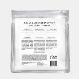 The back of a clear resealable pouch package labeled 'SCALP CARE DISCOVERY KIT' with black text and a barcode, shown on a light gray background.