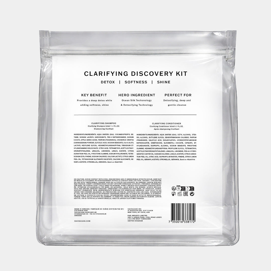 The back of a clear resealable pouch package labeled 'CLARIFYING DISCOVERY KIT' on a light gray background.