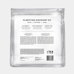 The back of a clear resealable pouch package labeled 'CLARIFYING DISCOVERY KIT' on a light gray background.